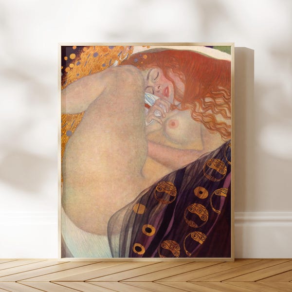 Gravura 'Danae' de Gustav Klimt | Impressão artística Art Nouveau Giclée | Arte de parede com figura feminina, com ou sem moldura