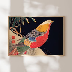 Arte japonés: faisán dorado en la nieve de Ito Jakuchu (impresión artística giclée prémium de un pájaro japonés) Arte de pared/decoración del hogar disponible enmarcado
