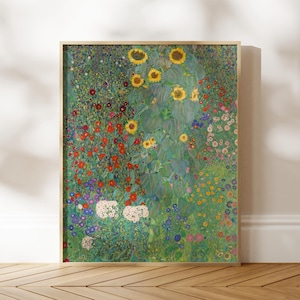 Impression de Gustav Klimt : jardin de la ferme avec tournesols (impression d'art giclée premium de peinture Art nouveau) art mural/décoration d'intérieur disponible encadré