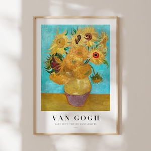 Póster de Vincent Van Gogh: Jarrón con doce girasoles (impresión artística Giclée prémium de pintura de flores) Arte de pared/Decoración del hogar disponible enmarcado