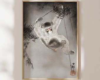 日本美術：小原古邨作「竹の枝にぶら下がる猿」（動物画のジクレー版画