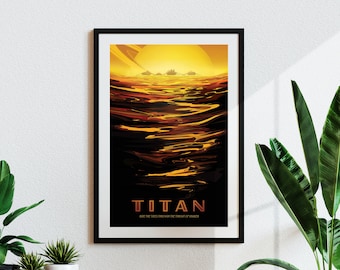 NASA Visiones del futuro - Titán (póster de turismo espacial vintage) Impresión artística giclée de alta resolución, también disponible enmarcada