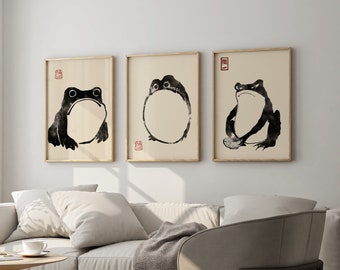 Japanse kunst: Set van 3 kikkerafdrukken van Matsumoto Hoji (Premium Giclée kunstafdrukken van dieren-/paddenkunst) Muurkunst/huisdecoratie beschikbaar Ingelijst