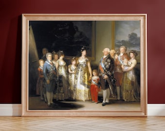 May include: A framed oil painting depicting a large group of figures in formal 18th-century attire, including men in military-style coats and sashes, and women in elaborate gowns, all gathered in a dimly lit interior space with dark wall panels.