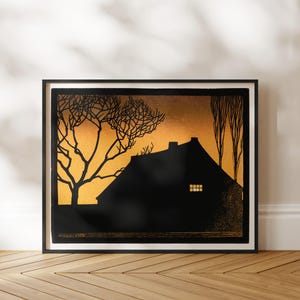 Stampa di Julie de Graag "Winter Evening" - Silhouette di una casa in stile Art Nouveau - Xilografia / Paesaggio in bianco e nero e arancione - Decorazione con o senza cornice