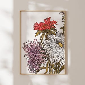 Stampa di crisantemi di Julie de Graag – Arte murale floreale in stile Art Nouveau / Fiori / Decorazioni per la casa botaniche / Con o senza cornice