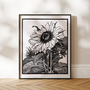 Stampa di girasole di Julie de Graag – Stampa floreale in stile Art Nouveau / Arte murale botanica in bianco e nero / Decorazione vintage con o senza cornice