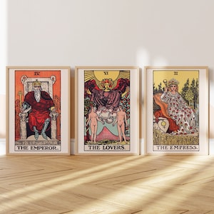 Juego de 3 láminas de tarot: Emperador, amantes y emperatriz (impresiones artísticas Giclée de cartas de tarot antiguas) Arte de pared astrológico / Decoración del hogar disponible enmarcado