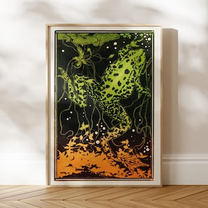 Stampa di rana di Julie de Graag - Stampa xilografica Art Nouveau di rana che nuota / Arte murale di animali verdi e arancioni / Decorazione naturale con o senza cornice