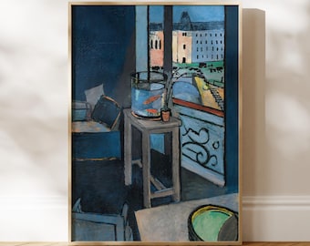 Henri Matisse Print: Interior With A Goldfish Bowl (Premium Giclée Art Print of Modern Blue Painting) Wall Art / Home Decor available Framed