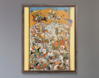 Persian Art: A Battle Scene (Giclée Art Print of Traditional Persian Miniature Painting) Antique Wall Art / Home Decor available Framed