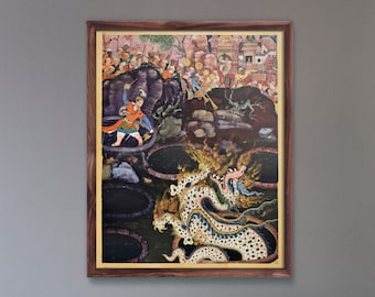 Umar Defeats A Dragon by Daswanth (Traditional Persian Miniature Art from the Hamzanama) Rare Giclée Print available in many sizes framed