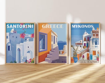May include: Three framed illustrations of Greek islands. The first illustration is of Santorini with white buildings and blue accents. The second illustration is of Greece with a blue door and orange building. The third illustration is of Mykonos with white buildings and blue accents.