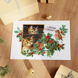 Personalisierte Weihnachtskarte: Katzen und Rotkehlchen (Deluxe-Grußkarte mit optionaler benutzerdefinierter Nachricht)
