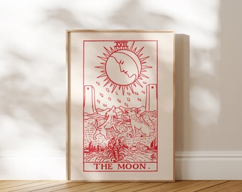 Impressão de Tarô: XVIII A Lua (Impressão artística Giclée premium de carta de tarô vintage) Arte de parede espiritual antiga / Decoração de casa vermelha disponível emoldurada