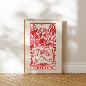 Tarotprint: VI The Lovers (premium gicléekunstafdruk van vintage tarotkaart) antieke spirituele muurkunst / rood interieur beschikbaar ingelijst