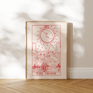 Tarotprint: XVIII The Moon (Premium Giclée Art Print of Vintage Tarot Card) antieke spirituele muurkunst / rood interieur beschikbaar ingelijst