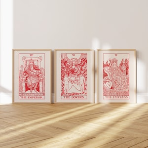Juego de 3 láminas de tarot: Emperador, amantes y emperatriz (láminas artísticas Giclée de cartas de tarot rojas) Arte de pared astrológico / Decoración del hogar disponible enmarcado