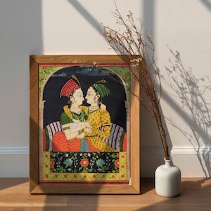 Two Ladies Embracing at a Jharoka (Traditional Indian / Hindu Painting) A4 A3 A2 Giclée Art Print, also available Framed