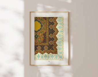 Könnte beinhalten: Ein gerahmter Kunstdruck mit einem komplexen indo-persischen Muster, einem zentralen senfgelben Kreis, umgeben von detaillierten Blumenmotiven in Rot-, Orange- und Schwarztönen, eingefasst von einem hellblauen und cremefarbenen geometrischen Design.