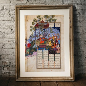 Arte Persa: Zal encontra Rudabah em seu pavilhão (impressão artística giclée premium de rara obra de arte persa antiga de Shahnameh) disponível emoldurada
