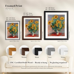three framed prints of a painting of a vase filled with yellow sunflowers, each with different frame styles and color options.