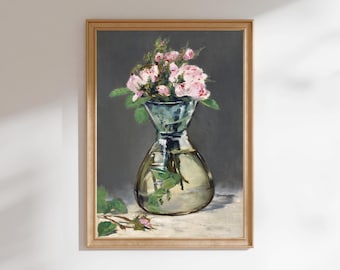 Lámina de Edouard Manet «Rosas musgosas en un jarrón» / Bodegón floral / Arte mural francés, con o sin marco.
