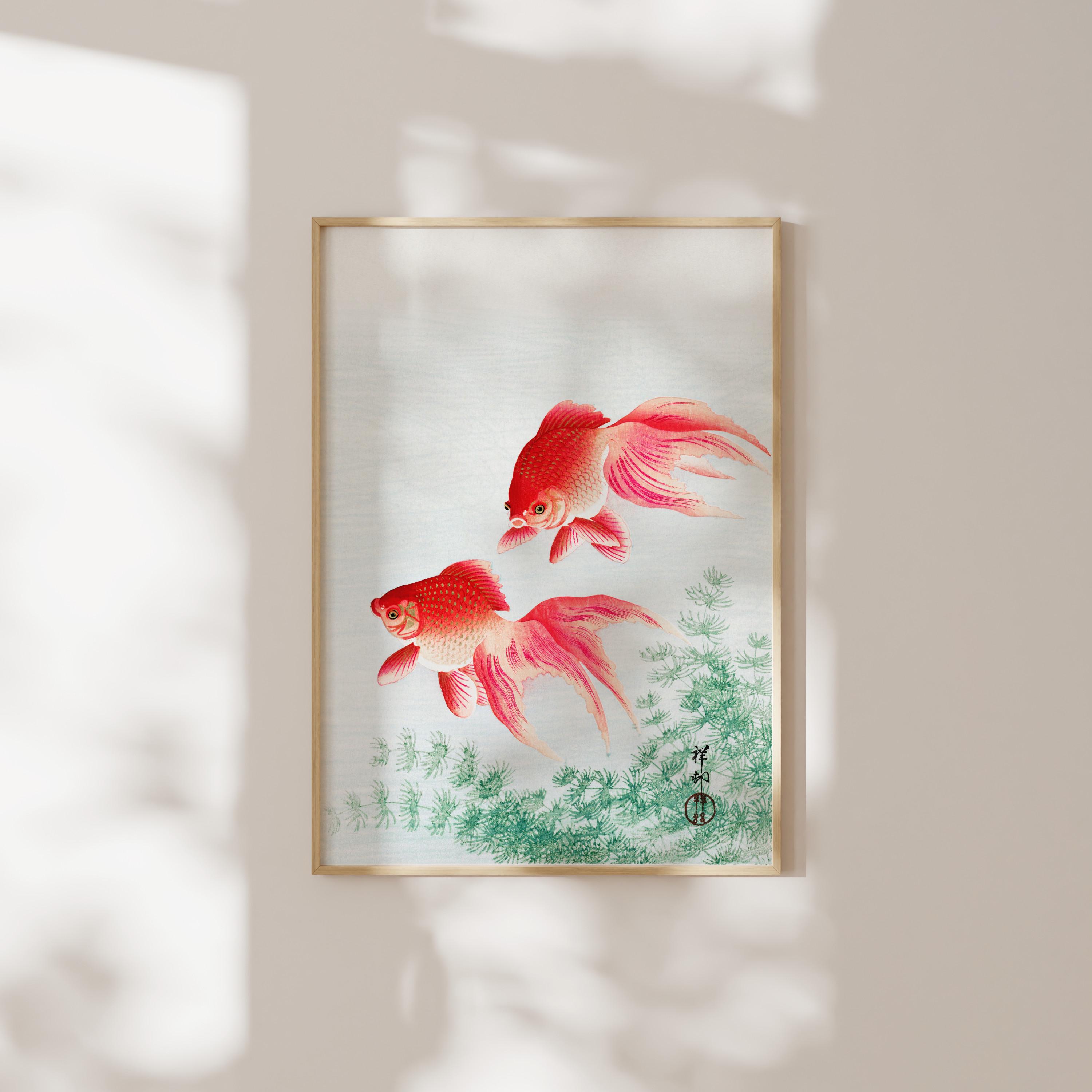 日本美術：小原古邨作「金魚2匹」（日本の動物・魚の絵のプレミアム