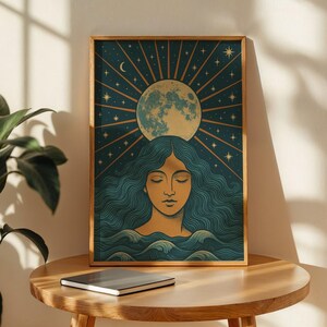 Luna’s Whisper Art Print – Mystical Moon Goddess Poster | Surreal Celestial Woman Wall Art | Framed Print Available for Home Decor
