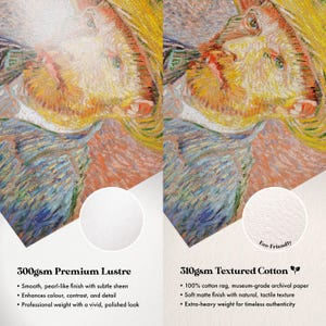 The image is a side-by-side comparison of two different types of paper: a premium lustre paper and a textured cotton paper. The lustre paper is described as smooth, pearl-like, and 100% cotton rag, while the cotton paper is described as having a soft matte finish, 100% cotton rag, and extra-heavy weight for timeless authenticity.