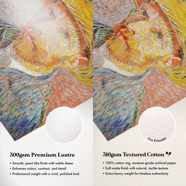 The image is a side-by-side comparison of two different types of paper: a premium lustre paper and a textured cotton paper. The lustre paper is described as smooth, pearl-like, and 100% cotton rag, while the cotton paper is described as having a soft matte finish, 100% cotton rag, and extra-heavy weight for timeless authenticity.