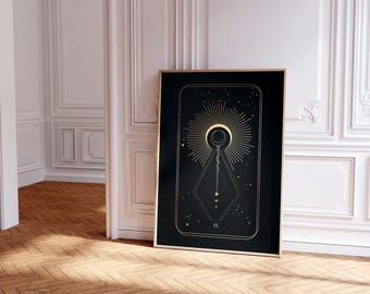Könnte beinhalten: Ein rechteckiger Wandkunstdruck mit schwarzem Hintergrund und goldenen Linienzeichnungen. Das Design zeigt ein zentrales Sonnenstrahlenmotiv, eine Mondsichel, eine vertikale Linie mit kleinen Kreisen und die römische Ziffer IX.