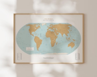 Equal Earth Projection World Map Print | Vintage Style Map Fine Art Print | Geography Wall Art, Framed or Unframed