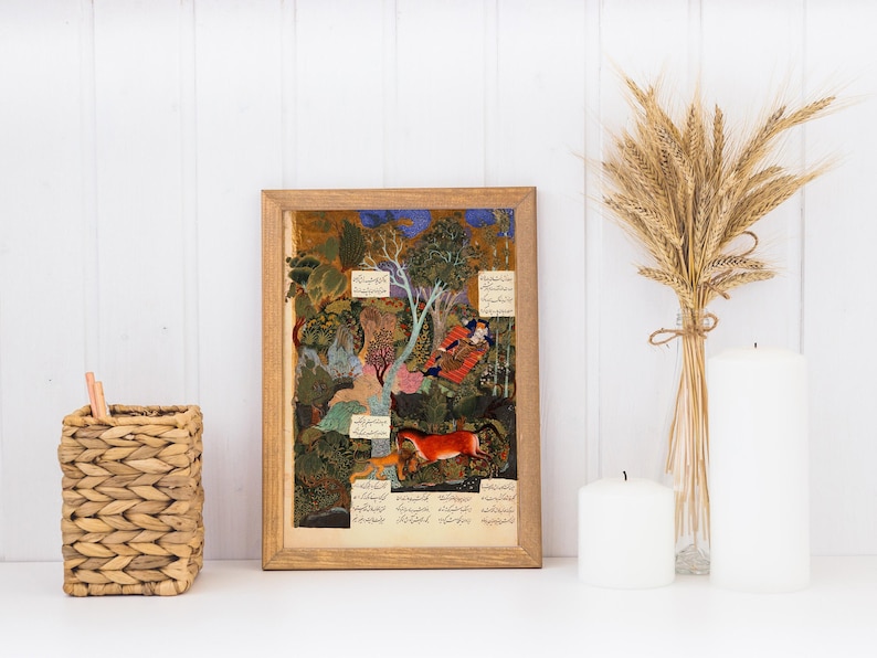 Rostam Sleeps While Rakhsh Fights A Lion (traditional Persian Art From ...
