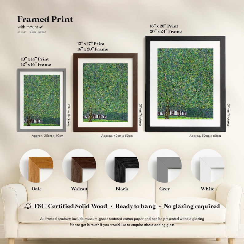 three framed prints of the same artwork, each with a different frame size and color. The text provides information about the print sizes and frame options, including the thickness of the print and the frame.