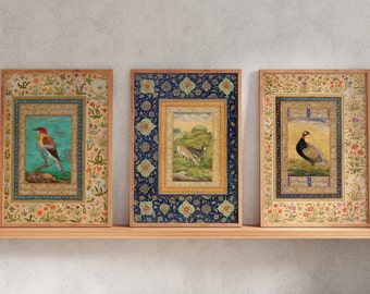 Set van 3 - Traditionele Perzische / Mughal miniatuurkunst met vogels en herten - A4 A3 A2 Zeldzame Hi-Res Giclée Prints, ook ingelijst verkrijgbaar