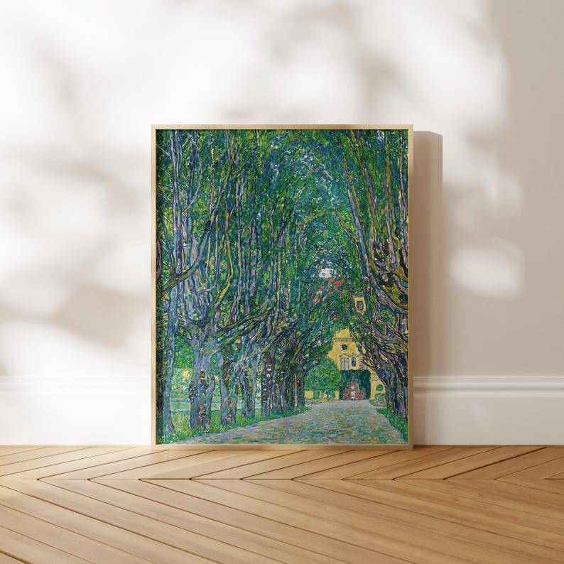Wood picture frame with symbolist painting of a house and a path leading to it lined with trees