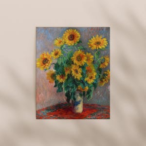 A painting of a vase filled with vibrant yellow sunflowers against a colorful background.