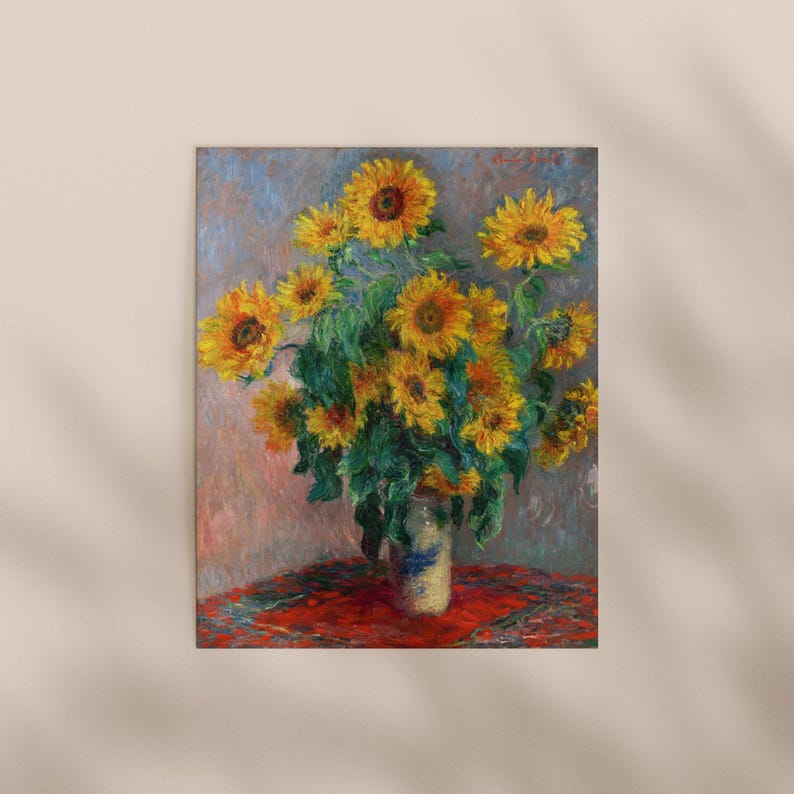 A painting of a vase filled with vibrant yellow sunflowers against a colorful background.