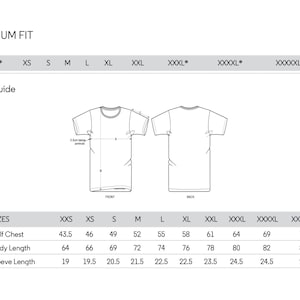 Op de afbeelding: Maattabel voor een T-shirt met maten in centimeters voor de halve borst, de lichaamslengte en de mouwlengte. De maten vari&euml;ren van XXS tot XXXXXL.
