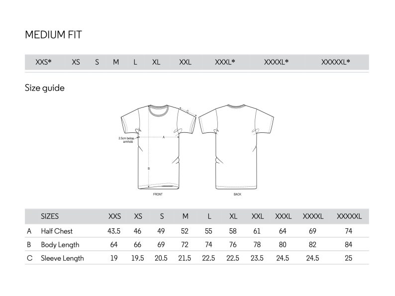 Op de afbeelding: Maattabel voor een T-shirt met maten in centimeters voor de halve borst, de lichaamslengte en de mouwlengte. De maten vari&euml;ren van XXS tot XXXXXL.