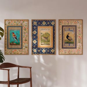 ペルシャ版画3枚セット：鳥と鹿（伝統的なペルシャのムガル美術版画ミニチュア絵画）壁アート、ホームデコレーション、額入りまたは額なし