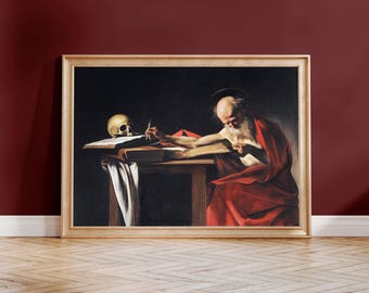 Grabado de Caravaggio «San Jerónimo escribiendo» / Lámina de arte religioso / Arte mural barroco, enmarcado o sin enmarcar