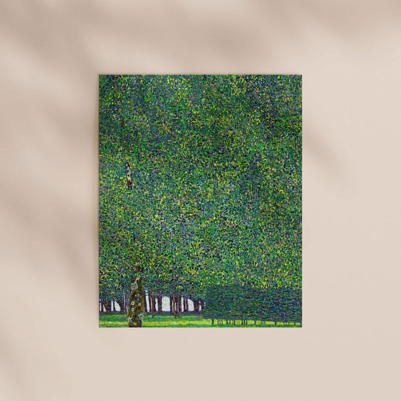 The image is a painting depicting a lush, green forest with a person standing in the foreground.