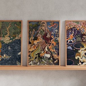 Set of 3 - Traditional Persian / Mughal Miniature Art featuring Mythical Creatures - Rare Hi-Res Giclée Prints, also available Framed