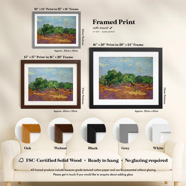 The image is a framed print of a landscape painting, featuring various sizes and frames for display.