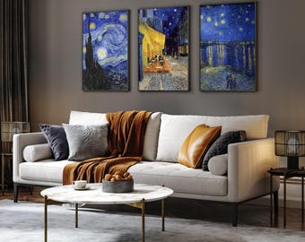 Set of 3 Vincent Van Gogh Prints: Starry Night, Café Terrace, Over the Rhône | Premium Giclée Wall Art / Home Decor | Framed or Unframed