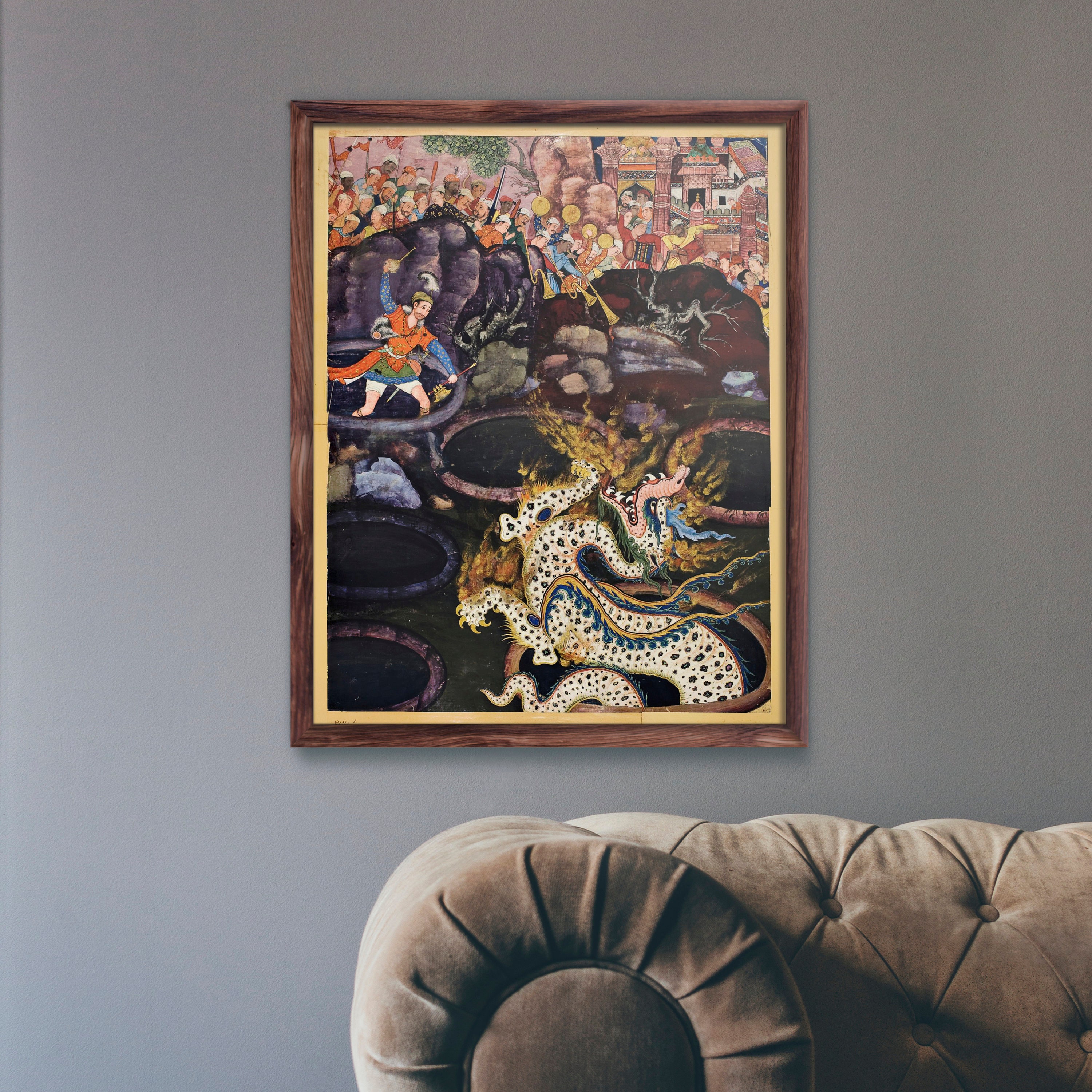 Umar Sieg über einen Drachen von Daswanth (Traditionelle persische Miniaturkunst aus der Hamzanama) Seltener Giclée-Druck in vielen Größen erhältlich