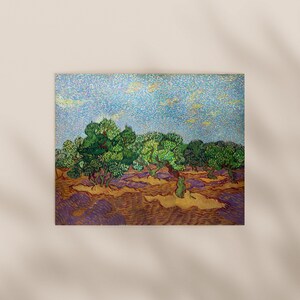The image is a painting depicting a landscape with trees and a sky filled with clouds.