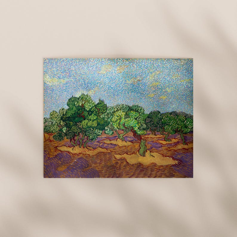 The image is a painting depicting a landscape with trees and a sky filled with clouds.